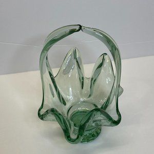 Vintage Blown Art Glass Basket, Green